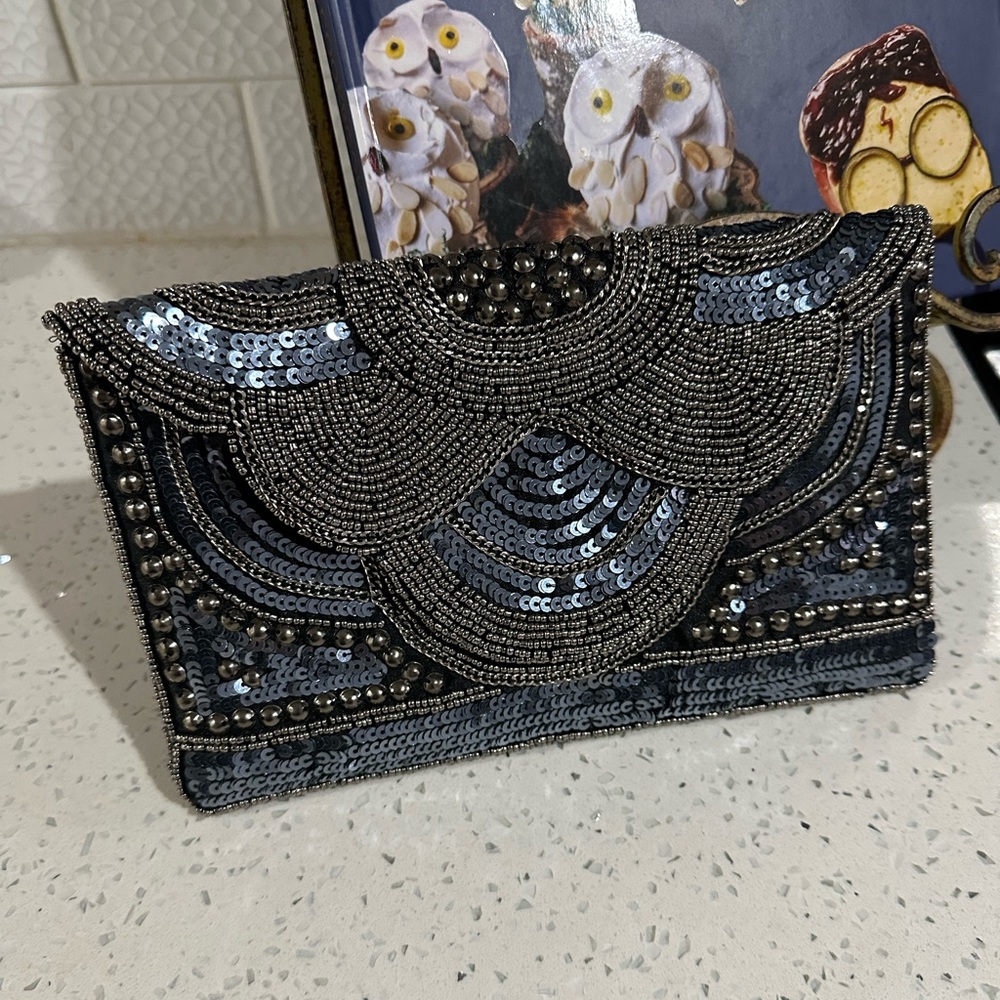 Elegant Navy & Black Beaded Clutch